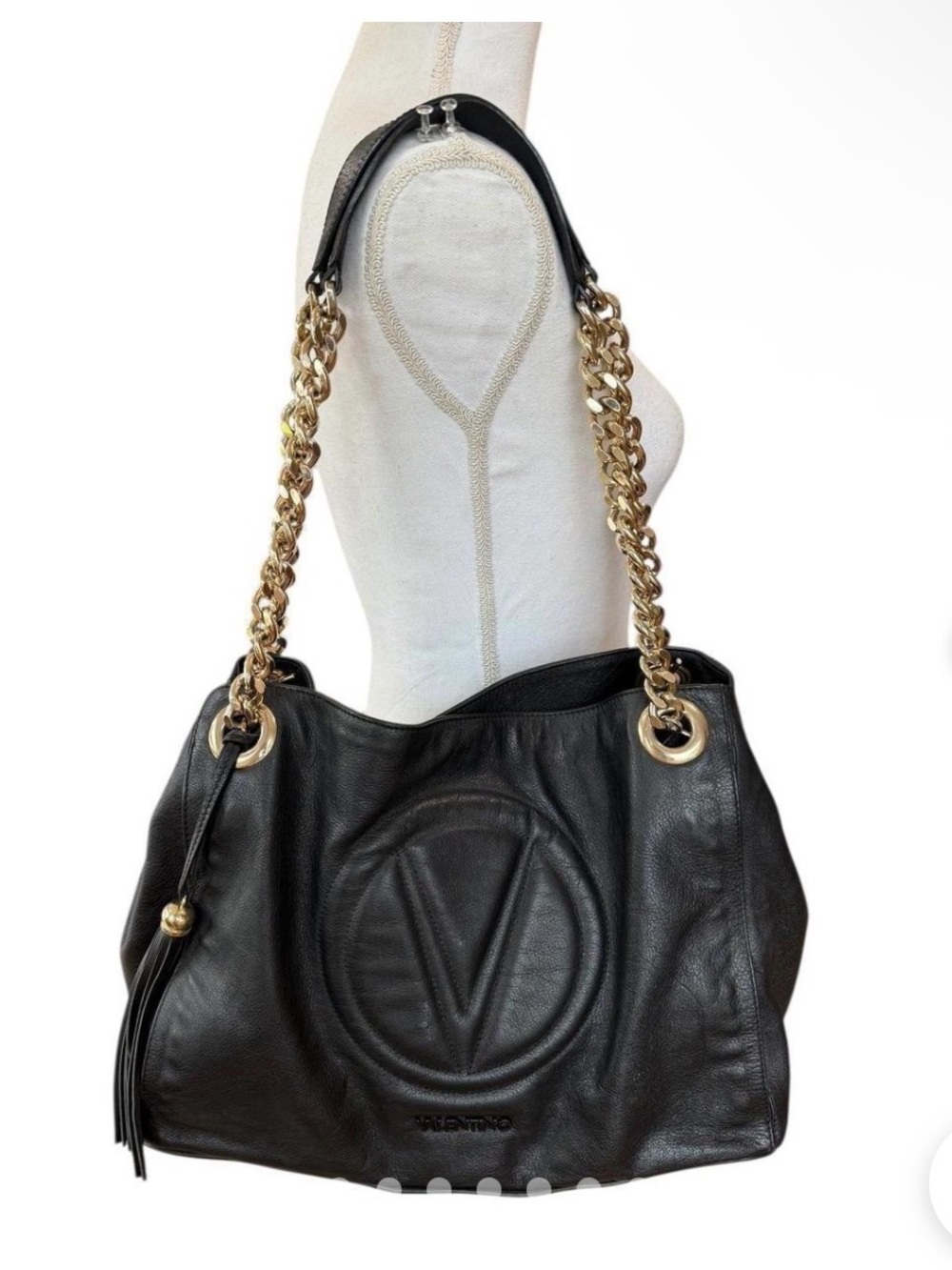 Valentino Garavani Black Leather Shoulder Bag with Gold Chain Detail